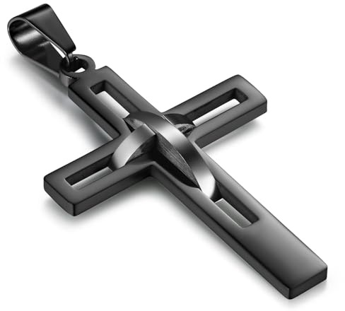 Flongo Men's Vintage Stainless Steel 2 Tone Hollowed Dual Cross Pendant Necklace, Black Silver, 22 inch Chain
