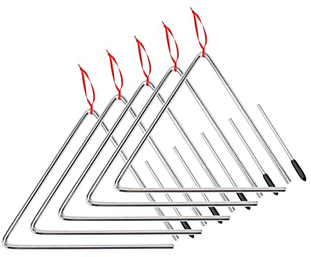 5x XDrum Triangel mit Schlägel - Triangle für Kinder und Musikalische Früherziehung - Schlaginstrument mit 25cm (10) Größe und Klöppel - Stahl Rhythmusinstument für Kindergarten Set