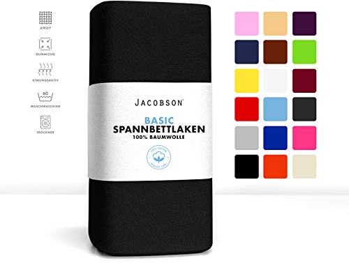 Jacobson Jersey Spannbettlaken Spannbetttuch Baumwolle Bettlaken (140x200-160x200 cm, Schwarz)