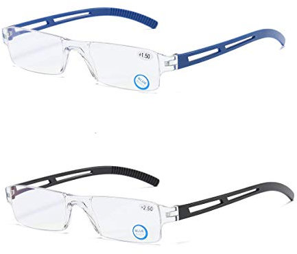 KoKoBin 2 Pairs Blue Light Blocking Lightweight Reading Glasses for Mens Womens Rimless Rectangle Readers +2.0