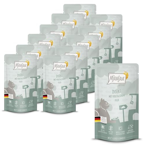 MjAMjAM - nourriture humide premium pour chats - Quetschie - insecte avec un excellent veau, pack de 12 (12 x 125 g), sans céréales avec protéines d'insectes