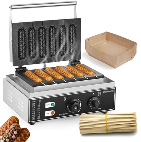 Moongiantgo Commercial Corn Dog Waffle Maker Machine 6 PCS 1550W Hot Dog Cheese Stick Press Iron, 50-300℃ Temp Control, 5-min Timer French Muffin Cooker 110V