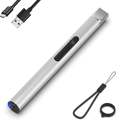 Candle Lighter, Electric Rechargeable USB, Arc Windproof Flameless Plasma Lighter Long Stick with Rope and Ring, No Butane Fluid, Perfect for Candle BBQ Camping Kitchen Stove, Silver