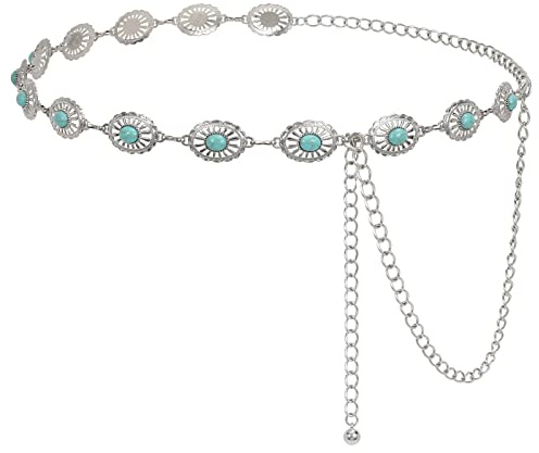 LEACOOLKEY Women Western Boho Chain Belt Country Concho Cowgirl Turquoise Chain Belt