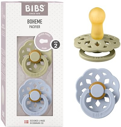 BIBS Boheme Pacifiers 2 Pack BPA Free, Cherry Shape Nipple. Natural Rubber Latex, Made in Denmark. Size 2 (6-18 Months), Khaki & Dusty Blue