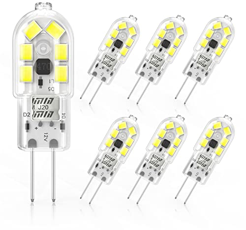 Cxyemt 2W G4 LED Light Bulb Cool White 6000K, Replacement 20W Halogen Bulb, Non Flicker AC/DC 12V Energy Saving G4 LED Capsule Bulbs, Non-Dimmable, 6 Pack