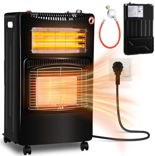 Vigevee Calefactor de gas cerámico de 4200 W y calefactor eléctrico de 1260 W, calefactor de gas radiante con 3 dispositivos de seguridad, bombonas de gas de hasta 15 kg