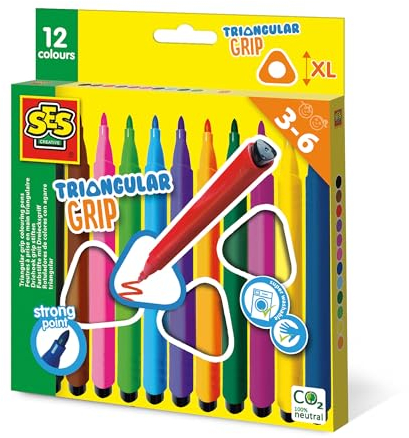 SES Creative 14696 - Dreikant Filzstifte, 12 praktische dicke Stifte mit ergonomischem Griff, Für Kinder ab 3 Jahren