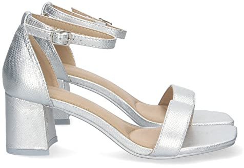 shoes&blues.es 71371-Sandalia de Tacon para Mujer, Comoda, con Estampado Brillante, y Cierre Ankle Strap de Hebilla, Primavera Verano 2023. Talla 39 Plata