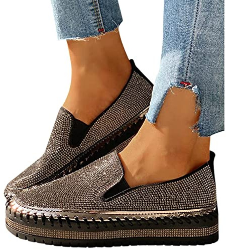 tinetill Sneaker Femmes Baskets Strass Chaussures de Course à Paillettes Plateau Chaussures Plates Mocassins à Paillettes Baskets Chaussures décontractées Chaussures à Enfiler Chaussures de Marche
