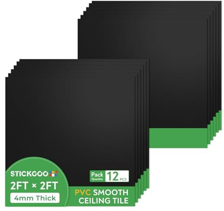 STICKGOO Black Drop Ceiling Tiles 2ft x 2ft, Waterproof PVC Ceiling Panels, Fire Resistant and Washable Smooth Ceilings Decor Coverings 24 x 24in - 12 Pack Cover 48 Sq. Ft
