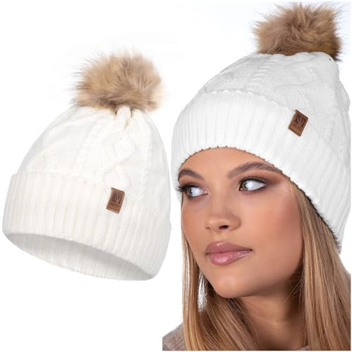HEYO Damen Mütze Weiche Wintermütze mit Kunstfellbommel Leichte Bommelmütze Beanie Strickmütze gefüttert Mädels (Ecru)