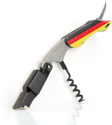 Qpractiko | Tire-bouchon manuel | Acier inoxydable, plastique ABS, design drapeau allemand | Spirale téflon, coupe-capsule intégré, mécanisme 2 temps | Ouverture pratique pour amateurs de vin