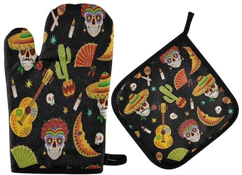 Mexican Skeletons Oven Mitts Pot Holder Set Day of The Dead Kitchen Decor Cooking Stove Gloves Heat Resistant Hot Pads Recycled for BBQ Baking Grilling