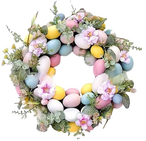 Folpus Ghirlanda di Fiori con Uova di Pasqua, Ghirlanda Decorativa per Porta di Pasqua, Ghirlanda di Foglie Verdi Artificiali per Porta d'ingresso, Patio per, Stile b