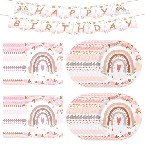 40 Piezas Vajilla Fiesta Arcoiris Set, Bohemios Arco Iris Platos y Servilletas para Cumpleaños, Vajilla Cumpleaños Boho para Niños Adultos
