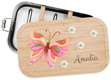Bärenfreunde® - Personalisierte Brotdose für Kinder mit Spezial-Druck - Robuste Edelstahl Brotdose - Personalisierte Geschenke für Kinder & Erwachsene (Schmetterling Blumen,klein Weißblech)