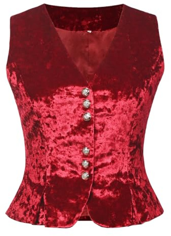 COSDREAMER Gilet vintage en velours pour femme, col en V, sans manches, haut habillé décontracté, Rouge, XL