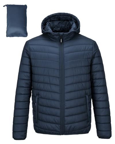 Outdoor Ventures Chaqueta acolchada para hombre, chaqueta impermeable, chaqueta de plumón, chaqueta con capucha, ligera, impermeable, chaqueta de invierno con bolsillos, XXL