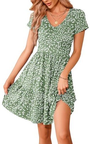 WNEEDU Sommerkleider Damen V Ausschnitt Kurzarm Strandkleid Elegante Knielange Freizeitkleid Taillenbetontes Minikleid mit Taschen Olive Grünes Blatt XL