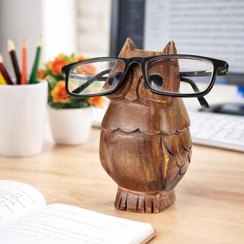 SWACRAFT Wooden Owl Eyeglass Holder Stand – Decorative Glasses Display Organizer for Desk, Home & Office | Handcrafted Wooden Spectacle Stand | 6 x 2.5 Inches