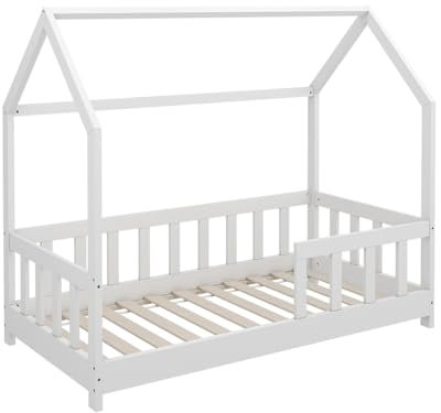 VitaliSpa Hausbett 70x140 cm Michelle mit Rausfallschutz - Weiß 146x125x76 cm aus Bambus - Bett ideal fürs Kinderzimmer, für zuverlässigen Schlaf mit zusätzlicher Sicherheit