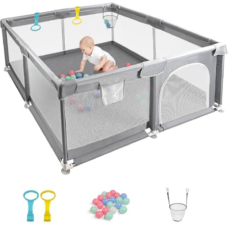 CHOLY Baby Playpen for Babies and Toddlers, Durable Play Pen with Visible Breathable Mesh, Foam Protection, Easy to Assemble Infant Fence -128 ×128cm (Light Grey, 128 x 128cm)
