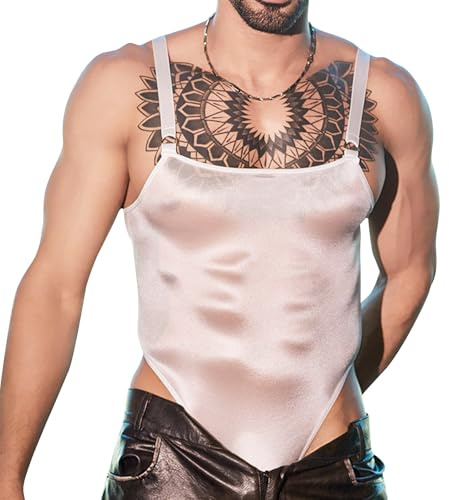 GENEMEN Mens Glossy Bodysuits See Through Sexy Leotard Adjustable Shoulder Straps Jumpsuits (Bodysuit-White)