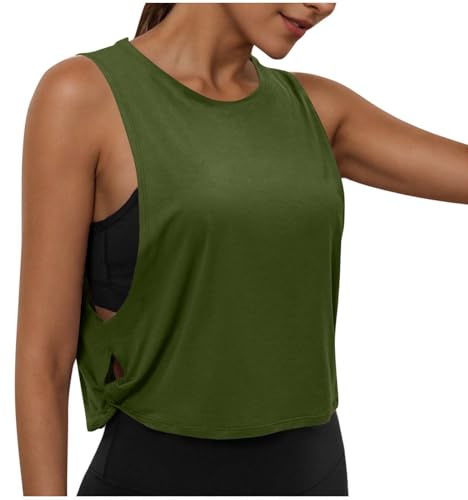 Gym Tops for Women UK Loose Basic Vest Sleeveless T-Shirts Athletic Tank Top Quick Dry Yoga Tees Workout Sports Tops for Fitness Running Walking Army Green
