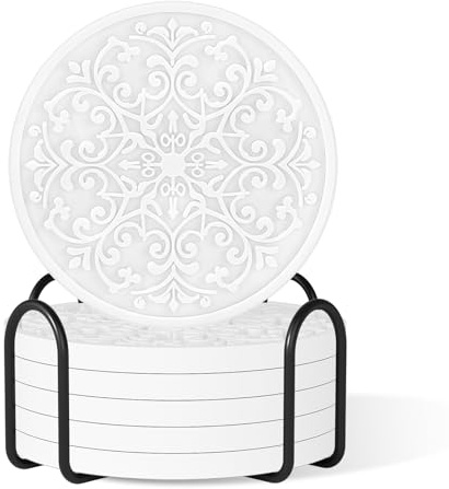 Drink Coasters, Coasters Set of 6 for Cup with Holder, Non-Slip Silicone Cup Mats for Hot and Cold Drinks, Cute Absorbent Coffee Bar Accessories Table Decor, White
