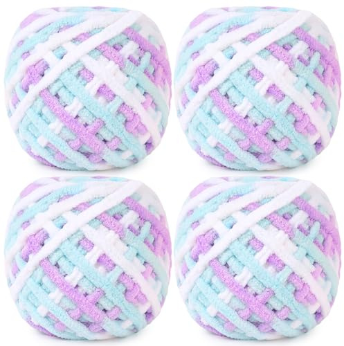 Aeelike Tjockt Stickgarn - 4 x 100 g Mjukt fluffigt flerfärgat virkgarn - Tjockt ombreull för virkat filt, sjalar, tröjor, påsar och plyschprojekt - Ljusblått, lila och vitt garn