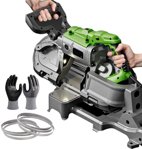 Portable Band Saw 1100W, Metal Cold Cut with LED Light, 4.72-Inch Cutting Diameter, 0.8-2.4 M/S Blade Speed, Includes Gloves & 6 Saw Blades, for Wood & Steel Cutting