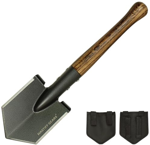 MASTIFF GEARS Tactical Survival Shovel - 43cm/17in, Axe/Machete Replacement, HRC 42-48 1050 Steel Spade, Hand-Carbonized Hardwood Handle & MOLLE Sheath for Camping Hiking Off-Roading Emergency