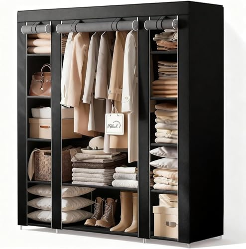 Ribech Armario de Tela 12 Compartimentos con Barra Colgador, Guardarropa Estable para Dormitorio, 150x45x175 cm, Negro