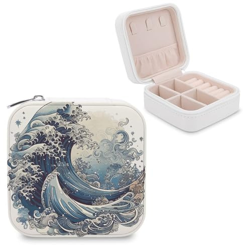 VstaDank Jolie boîte à bijoux portable de style vague bleue, jolie boîte à bijoux de grande capacité, organisateur de bijoux pour les mères, cadeaux pour boucles d'oreilles, bagues, bracelets de main