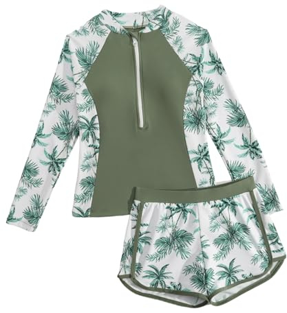 Generisch Costume da bagno a maniche lunghe, costume da bagno in due pezzi, per ragazze, rashguard per adolescenti, per surf, immersioni, verde militare, 11-12 Anni
