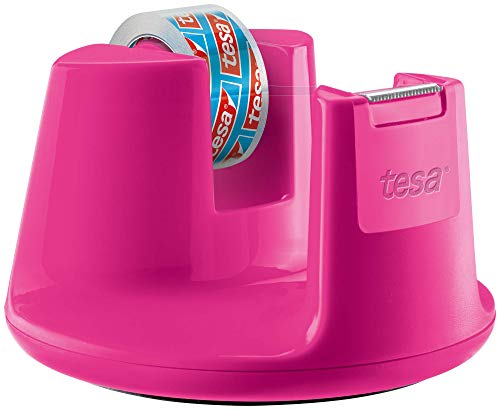 tesafilm Tischabroller Compact - Klebebandspender mit Anti-Rutsch-Boden für sicheren Halt - Mit transparenter Kleberolle 10 m x 15 mm - Pink