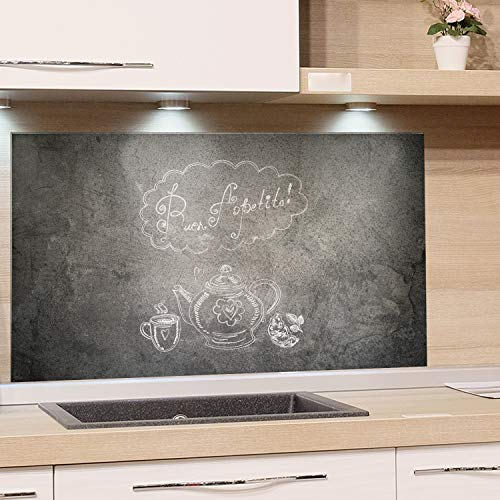 GRAZDesign Küchen Spritzschutz Glas Grau Küchen Herd Bild-Motiv Spruch auf Steinoptik Granit Guten Appetit - Glasbild als Küchenrückwand - Küchenspiegel / 80x50cm