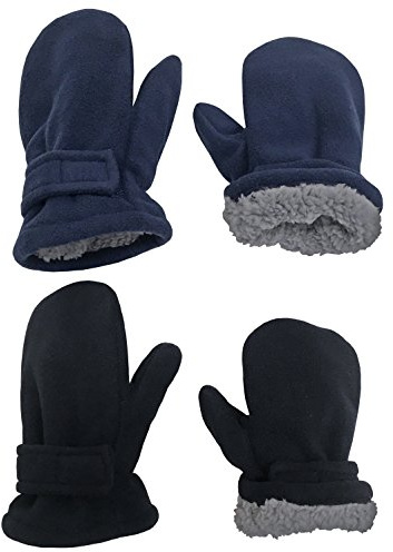 N'Ice Caps Baby Toddler Mittens Kids 2 Pairs Fleece Gloves Winter Warm Sherpa Lined (Black/Navy Pack, 4-6 Years)