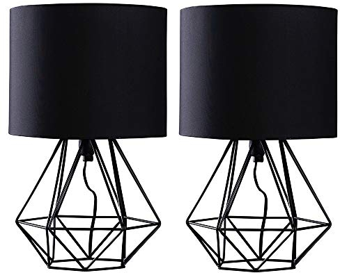 Pair of - Modern Black Metal Basket Cage Bed Side Table Lamps with Black Fabric Shades