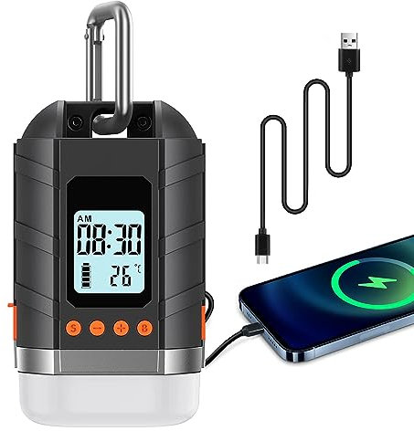 Lanktoo Outdoor Water-Resistant Rechargeable LED Camping Light and 15000 mAh Power Bank with LCD Screen, 4 Modes, Dimmer and Time and Temperature Display