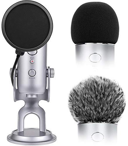 2 Stück Mikrofon Pelzige Windschutz-Mikrofonabdeckung Schaumstoff für Blue Yeti + Mikrofon-Pop-Filter Doppellagiger Mesh-Pop-Filter kompatibel mit Mic Blue Yeti und Yeti Pro Condenser (Combo 3Pack)