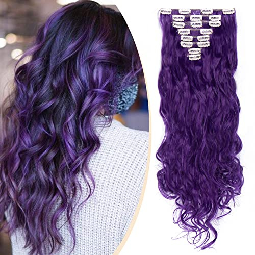 S-noilite Extensiones de Cabello Natural Cabeza Llena Hair Extensions Pedazo de Cabello 8 Piezas 18 Clips Larga Ondulado 60cm Azul morado