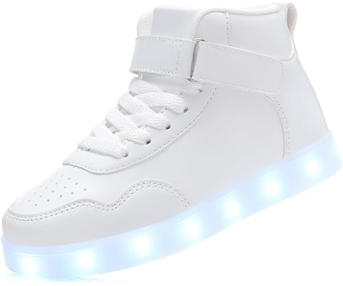 APTESOL Baskets Tendance pour Enfants avec lumières LED, Chaussures de Sport Clignotantes Rechargeables pour garçons et Filles[Blanc, 32]
