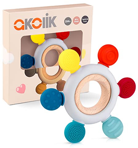 akolik Massaggiagengive per Neonato, Giocattoli per Dentizione Regalo da 3, 6, 9, 12 Mesi, Anello in Silicone Alimentare, Giochi da Bagno per Bambini