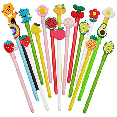YUE QIN 18 Stück Süße Kugelschreiber Schwarze Nachfüllungen Gelschreiber Cartoon Kawaii Schreibstift 0,5mm Tintenschreiber Stift für Studenten Schreibwaren Büro (Bunte Früchte)