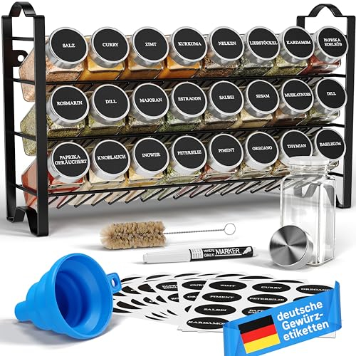 Deco haus® Gewürzregal Stehend & Wand [MIT GEWÜRZDOSEN & ETIKETTEN] - Spices Gewürz Organizer - Spice Rack - Gewürzständer - Gewürzregalsystem Hängend - Gewürzaufbewahrung - Gewürzgläser mit Regal