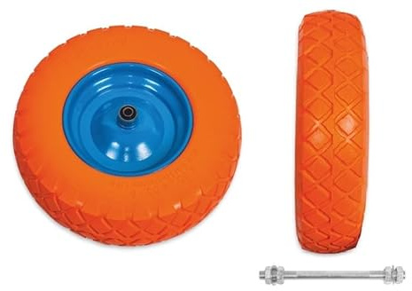 Elkoza® 4.80/4.00-8 4PR Puncture Proof Wheelbarrow Wheel With Axle Steel Rim Durable Tyre Industrial Replacement Wheelbarrow Wheel (Orange/Blue Tubeless 4.80/4.00-8)