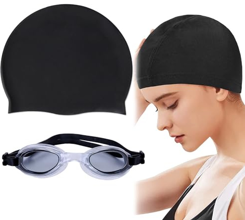 Cappello da Nuoto+Occhialini Nuoto da Gara,Cuffie da Nuoto in Silicone,Occhialini da nuoto per adulti,Cuffia da Nuoto Elastica,Cuffie da Piscina Nuoto Antiscivolo Durevoli,Cuffie da Bagno Nuoto,Nero