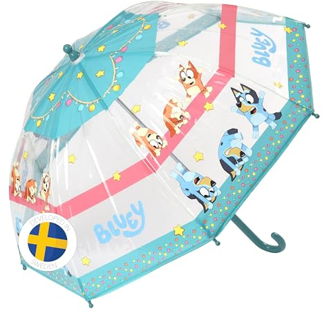 Bluey Transparenter Kinder-Regenschirm – Kinderregenschirm sicher und einfach zu öffnen, perfekt für Kinder, wetterbeständiges Material, lustige und farbenfrohe Bluey Motive